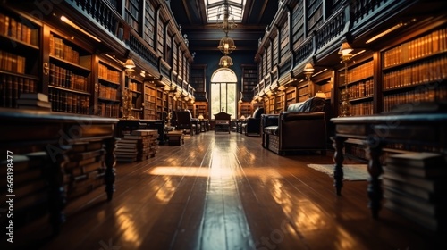A quiet dimly lit library surrounded by shelves of sealed books.
