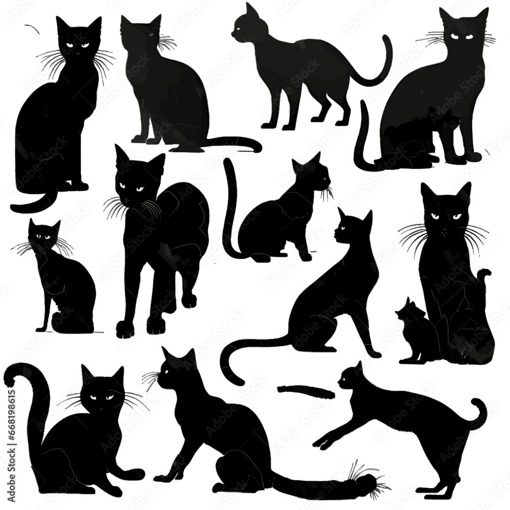 Black silhouette of a cats set on white background.