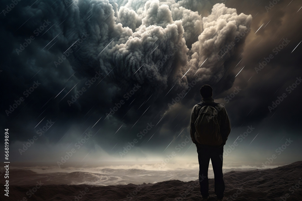 Person explorer standing in front of abstract stormy world generative ai