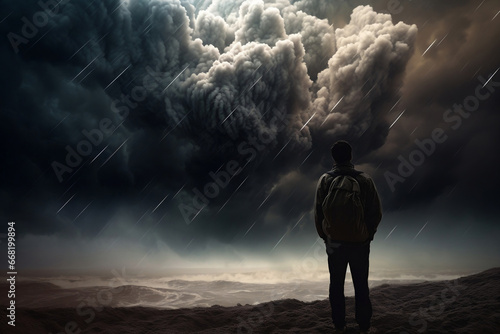 Person explorer standing in front of abstract stormy world generative ai