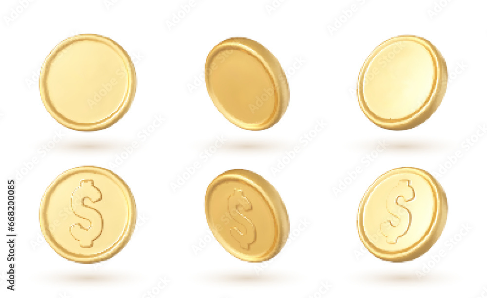 3D golden coins set in different positions isolated on white background. Vector 3d illustration 3D golden coins set in different positions isolated on white background. Vector 3d illustration