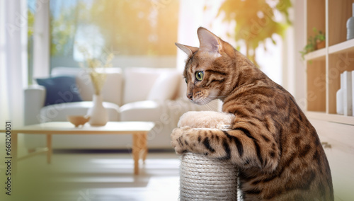 Bengal cat plays with a scratching post in the living room. photo