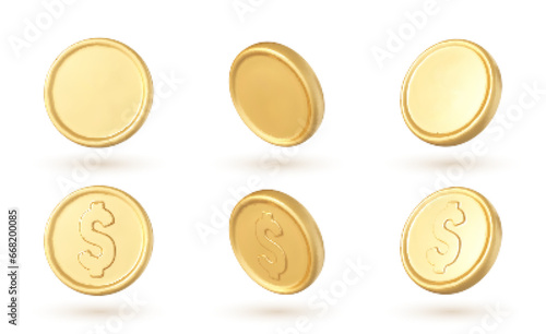 3D golden coins set in different positions isolated on white background. Vector 3d illustration