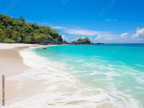 A picture-perfect beach with glistening turquoise water, inviting turquoise waves, and pure white sand.