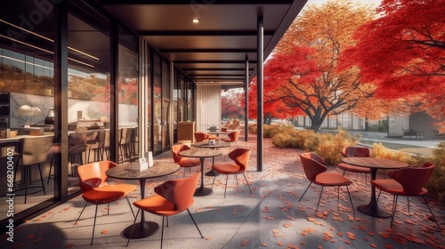 Modern coffee shop with outdoor seating surrounded. AI generated