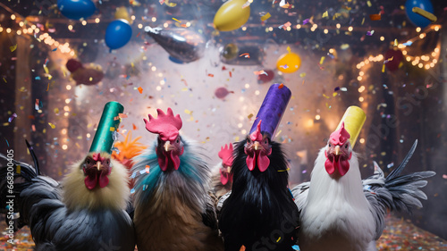 Chicken Disco, Funny Hats, Flying Candy. Generative AI photo