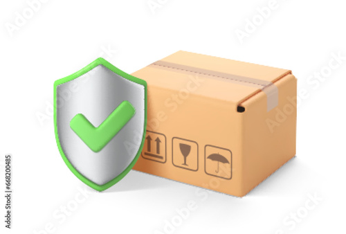 3D parcel box and shield with green check mark. Shipping Insurance, transportation safety and logistics concept. Vector 3d illustration