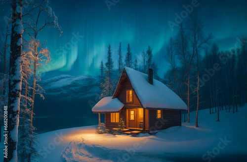 Wooden house in the snow in the forest against the background of the Northern lights