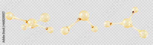 Set of gold oil molecule. 3D abstract molecular structures isolated on transparent background. Beauty science skincare molecular concept. Vector 3d illustration