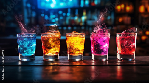 Colorful burning cocktails on the bar counter. Generative AI