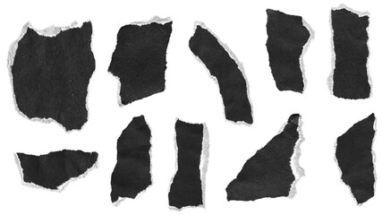torn and ripped paper pieces frames with jagged edges from black paper with white edges in Y2K retro style, png isolated cardboard objects of various shapes