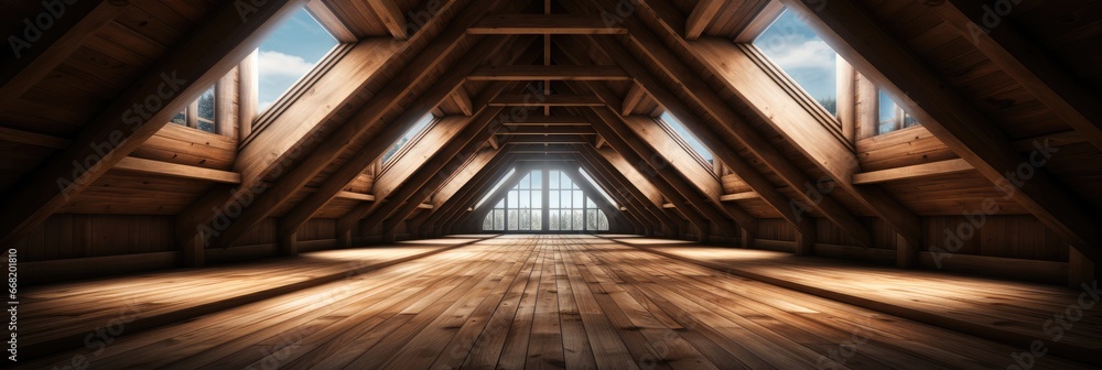 Attic floor ceiling made of wood realistic, Banner. Attic floor ceiling made of wood realistic, Banner.