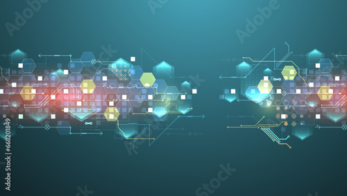 Abstract circuit board and hexagons on gradient color background. Hi-tech digital technology concept.