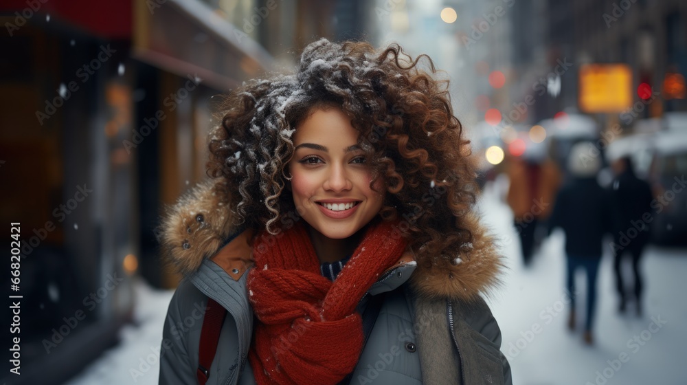 portrait of a beautiful mixed race woman with curly hair  in the city