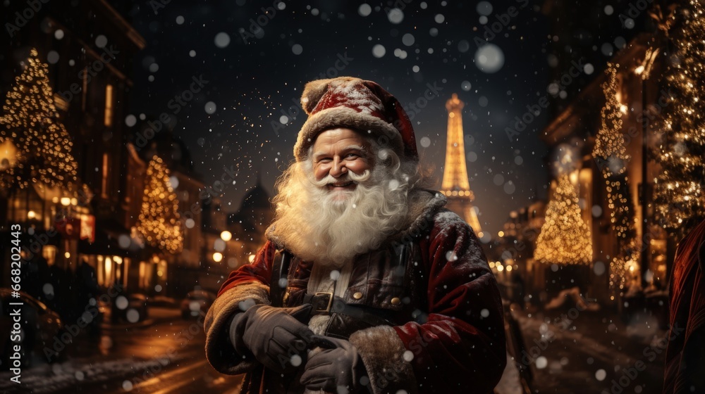 Happy old Santa Claus on the street of city Paris. Winter time, snowing Happy old Santa Claus on the street of city Paris. Winter time, snowing