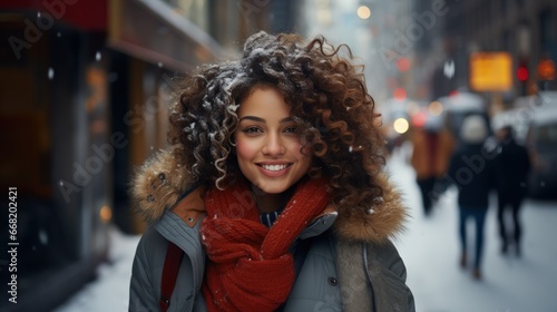 portrait of a beautiful mixed race woman with curly hair in the city