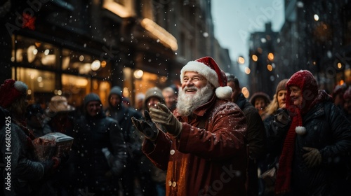 Handsome old man wearing santa claus hat. Standing all happy among people on the street