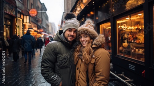 Nighttime Winter Happiness: Smiling Couple Embracing in the City