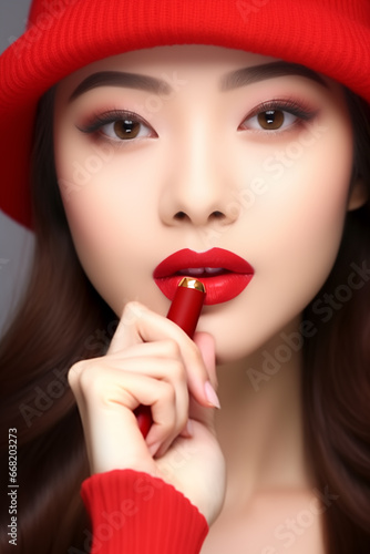 A beautiful Asian model poses with a stick of lipstick in a Christmas theme, perfect for your high quality advertising and printing projects.