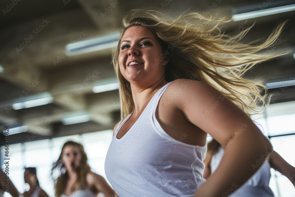 Joyful overweight women dance at a group sports class. Body positivity. Joyful overweight women dance at a group sports class. Body positivity.