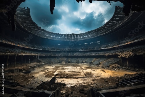 Center court of a torn down post apocalyptic football arena, Damage caused by war. photo