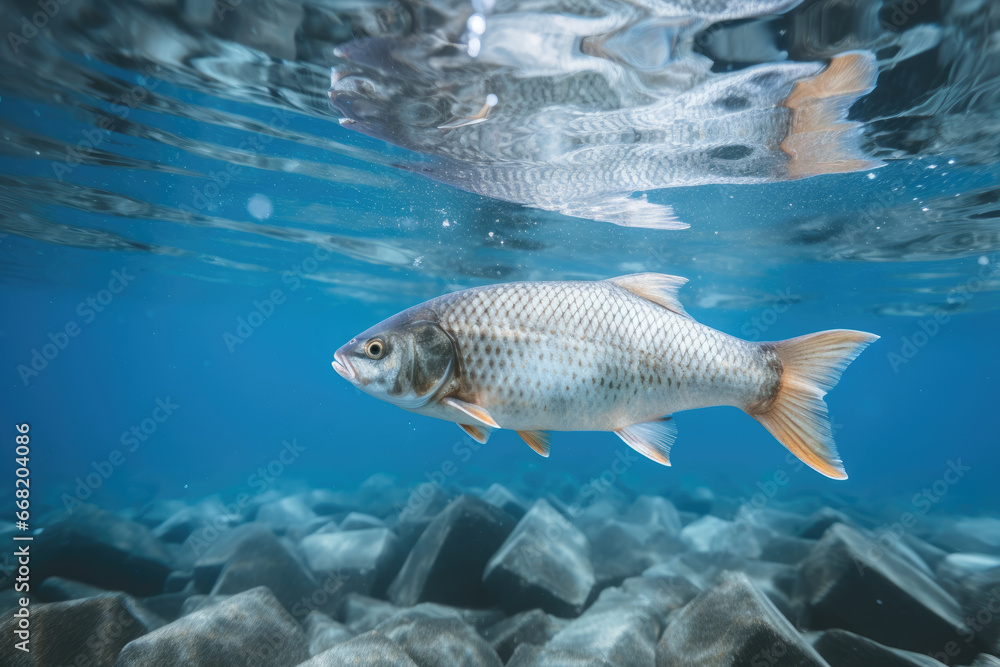 Common roach in fresh water. Fish in its natural habitat. Underwater image of a small fish.