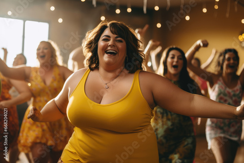 Energetic dance of beautiful plus size women. Group dancing in a fitness club for overweight women.