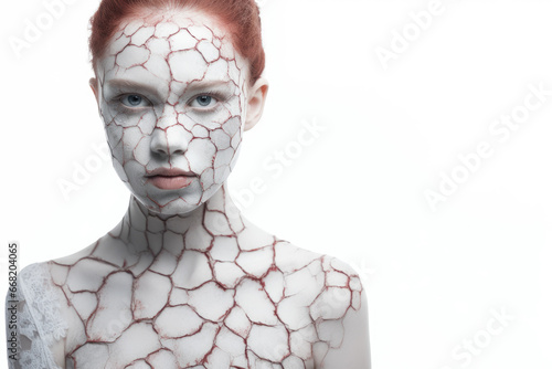 Beautiful young woman with problematic chapped skin. Face and body skin care concept.