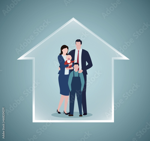Stay at home awareness social media campaign and coronavirus prevention.Medical insurance, family with secured protection.