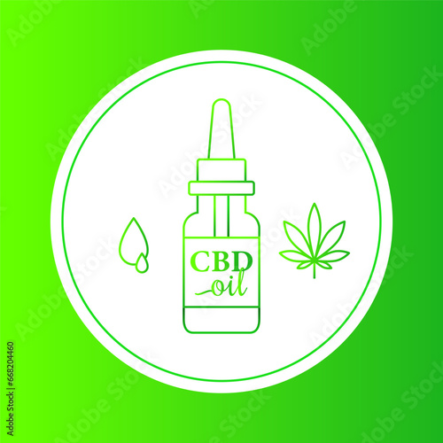 CBD oil concept in line art with bottle, drop and cannabis leaf. Minimalist vector illustration.