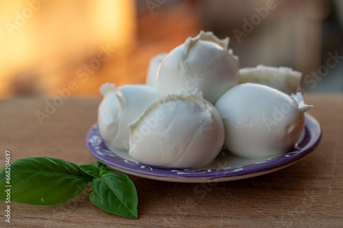 White balls of Italian soft cheese Mozzarella di Bufala Campana served with fresh green basil