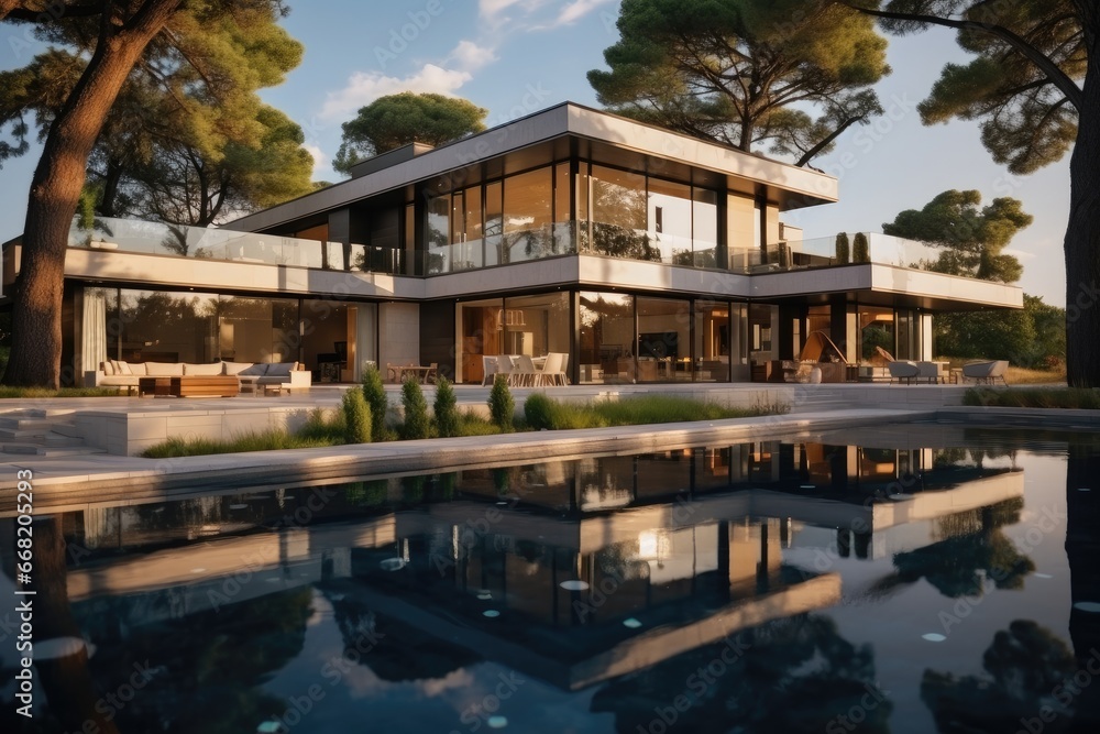 House building Exterior and interior design showing tropical pool villa with green garden. House building Exterior and interior design showing tropical pool villa with green garden.