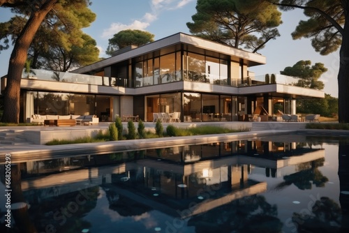 House building Exterior and interior design showing tropical pool villa with green garden.
