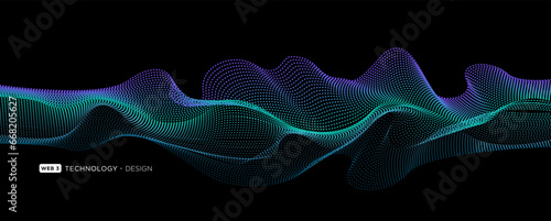 Flowing particles wave pattern  blue color isolated on black background. Vector in concept of AI technology  science  music.
