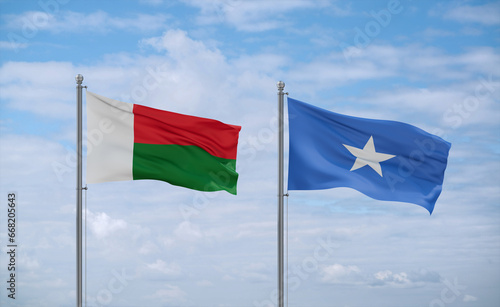 Somalia and Madagascar flags, country relationship concept