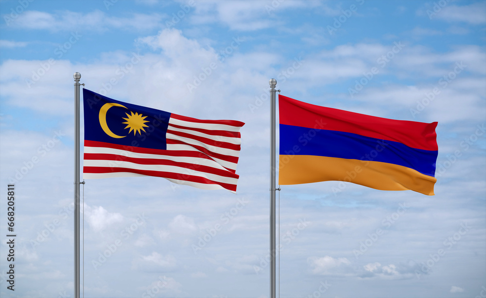 Armenia and Malaysia flags, country relationship concept