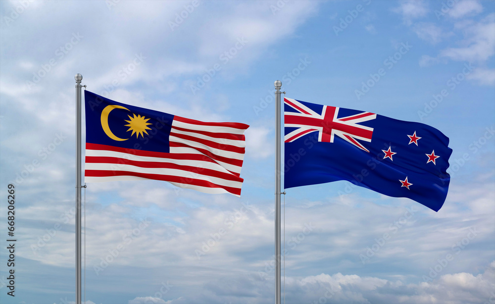 New Zealand and Malaysia flags, country relationship concept New Zealand and Malaysia flags, country relationship concept