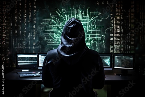 A hacker in a black hoodie is standing with his back in front of a computer screen in a control room.