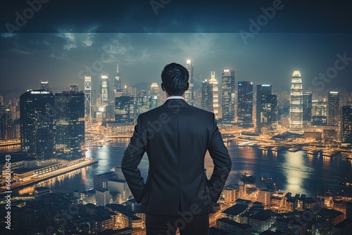 A business man in a suit stands with his back looking out at the colorful cityscape. at night