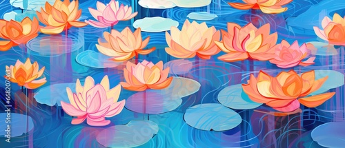 Sacred and timeless beauty of Lotus flowers with waterlily pads floating in a garden pond, colorful painting illustration, re-imagined dreamy surreal flowing swirls, out of the ordinary petal colors.