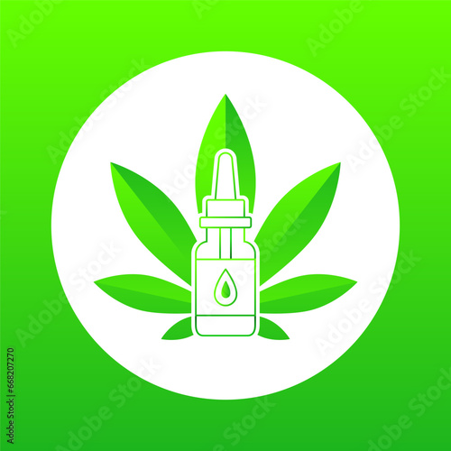 CBD oil. Cannabis leaf, cannabidiol oil bottle and pipette with a drop symbol. Vector illustration in green color.