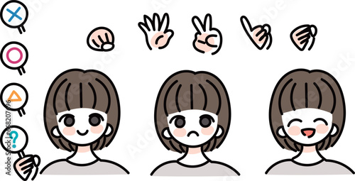 女性の表情と手のセット