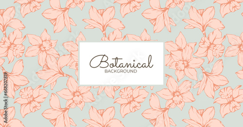 Flower pattern wirh pink narcissus on blue background, design for wallpaper, textile, invitation, wrapping paper