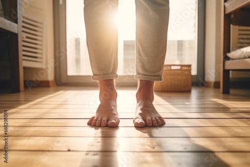 Floor heating concept. Man standing barefoot on a warm floor