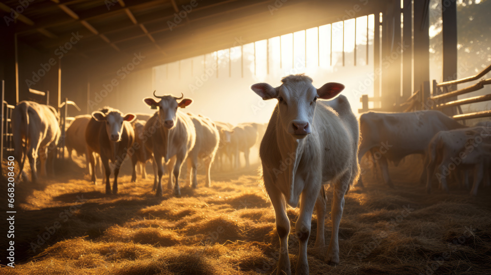 Obraz premium In the morning sun, cows standing inside a large village cowshed and a lot of clean hay are seen on the ground