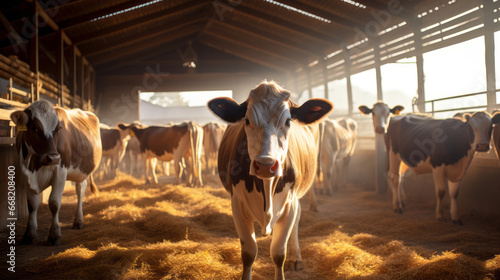 In the morning sun, cows standing inside a large village cowshed and a lot of clean hay are seen on the ground © ND STOCK