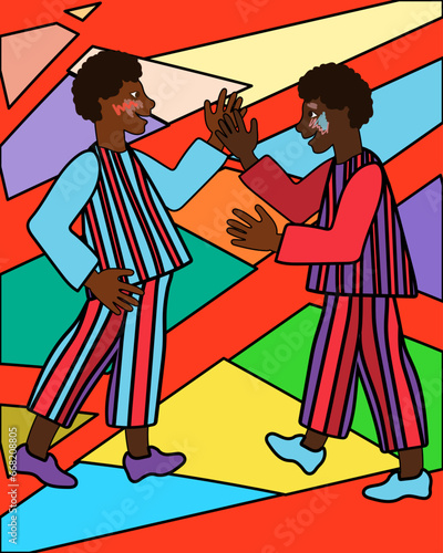 two black boys at the Kaapse Klopse festival. Africa. parade. colorful poster, bright cover. vector illustration. photo