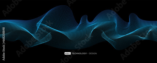 Flowing particles wave pattern blue color isolated on a black background. Vector in concept of AI technology, science, music.

