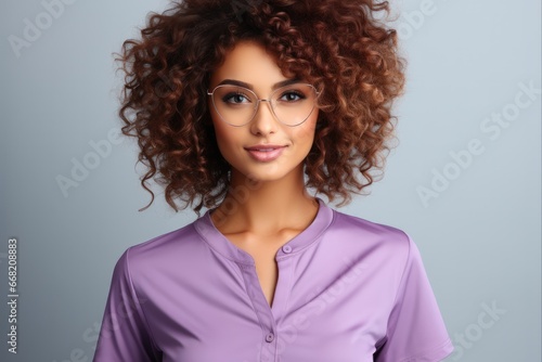 High end fashion woman model wear purple shirt on white background, Afro.
