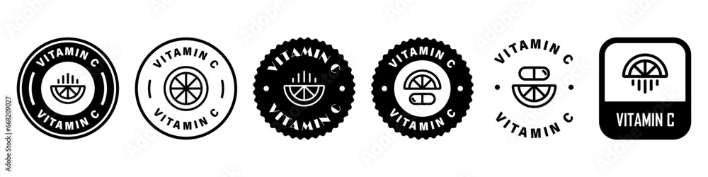 Vitamin C vector labels with orange or lemon. Vector Stickers for package.